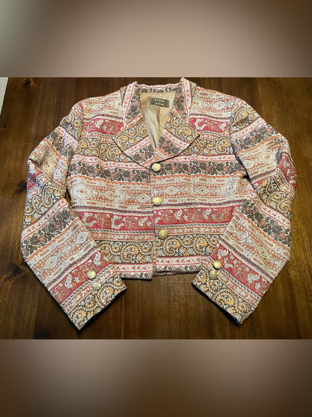 Fille du Sud VTG Embroidered Cropped Blazer Made in France Gold Buttons Size 38